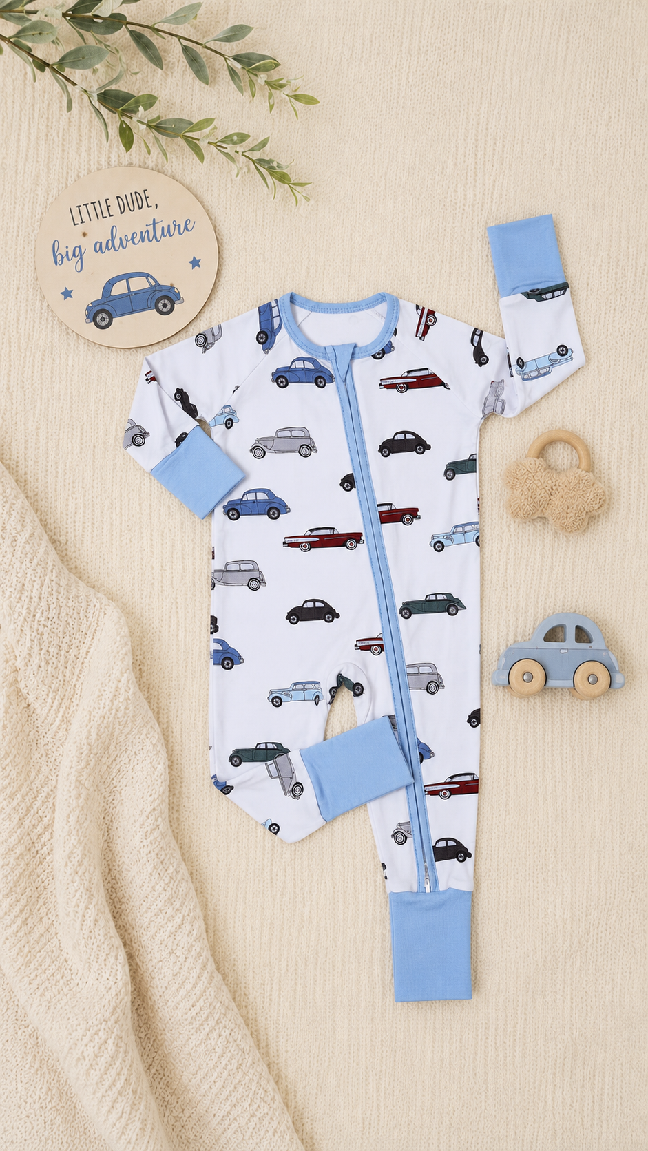 Vintage Car Bamboo Baby Boy Zipper Sleeper | 0–3 Months | Soft & Stretchy Bamboo Pajamas | Baby Boy Outfit