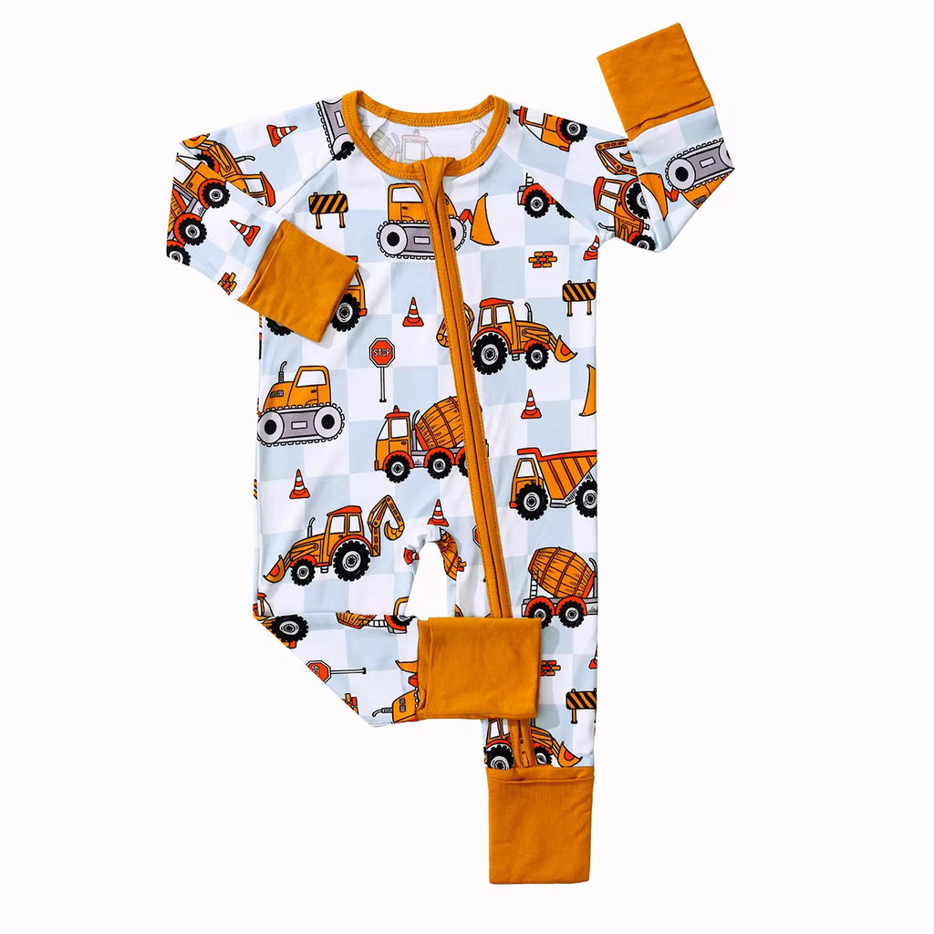 Construction Truck Bamboo Baby Boy Zipper Sleeper | 0–3 Months | Soft & Stretchy Bamboo Pajamas | Baby Boy Outfit
