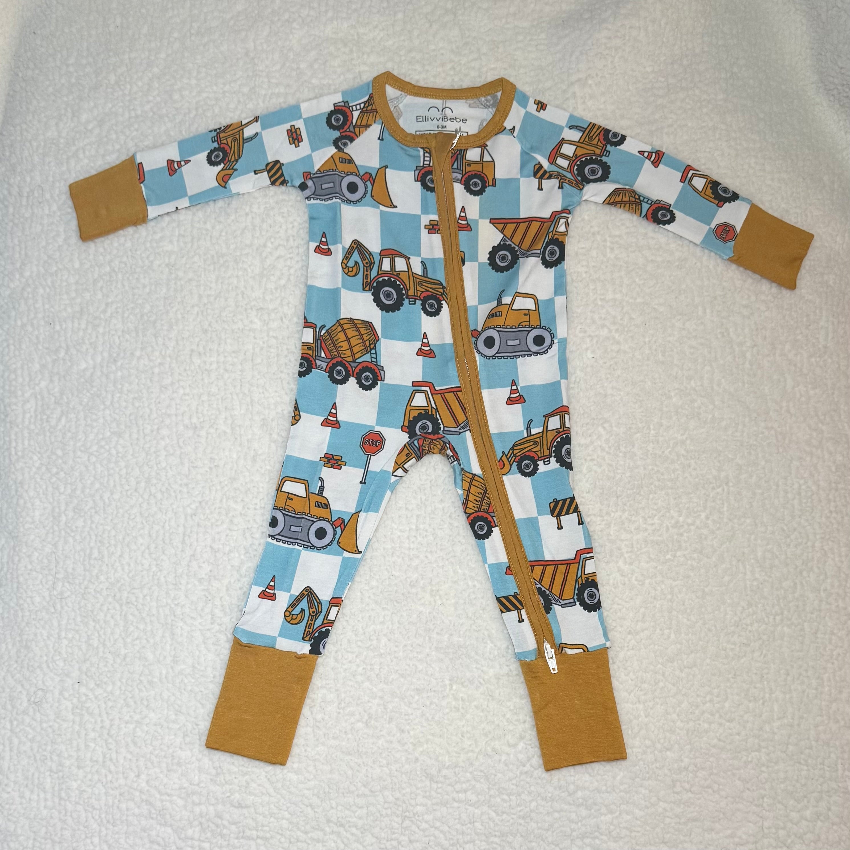 Construction Truck Bamboo Baby Boy Zipper Sleeper | 0–3 Months | Soft & Stretchy Bamboo Pajamas | Baby Boy Outfit