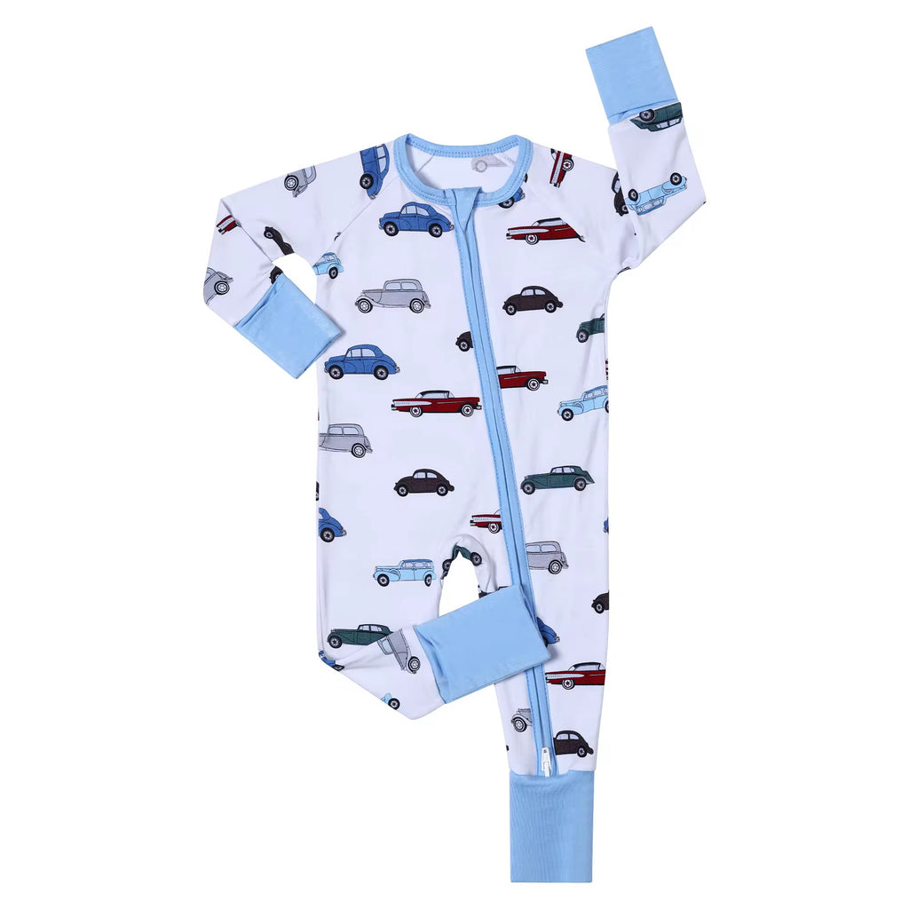 Vintage Car Bamboo Baby Boy Zipper Sleeper | 0–3 Months | Soft & Stretchy Bamboo Pajamas | Baby Boy Outfit