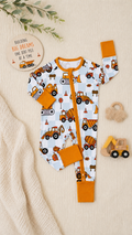 Construction Truck Bamboo Baby Boy Zipper Sleeper | 0–3 Months | Soft & Stretchy Bamboo Pajamas | Baby Boy Outfit