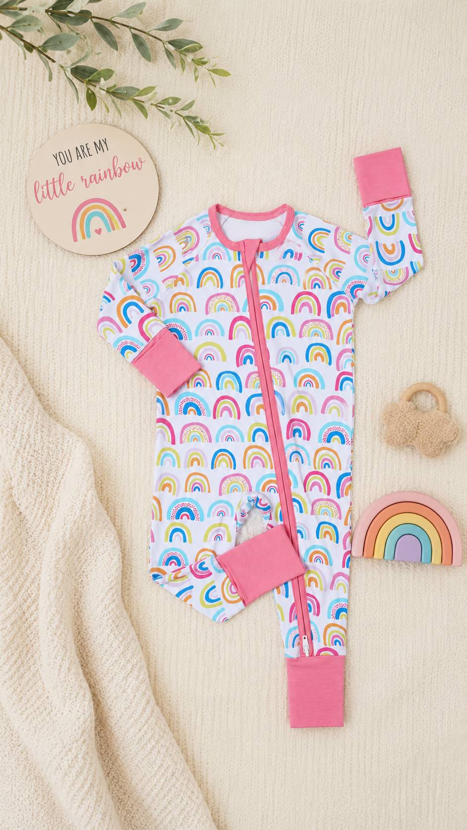 Rainbow Bamboo Baby Girl Zipper Sleeper | 0–3 Months | Soft & Stretchy Bamboo Pajamas | Baby Girl Outfit