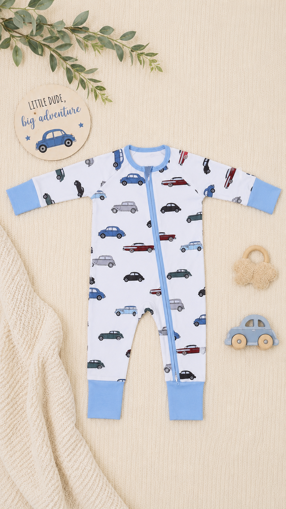 Vintage Car Bamboo Baby Boy Zipper Sleeper | 0–3 Months | Soft & Stretchy Bamboo Pajamas | Baby Boy Outfit