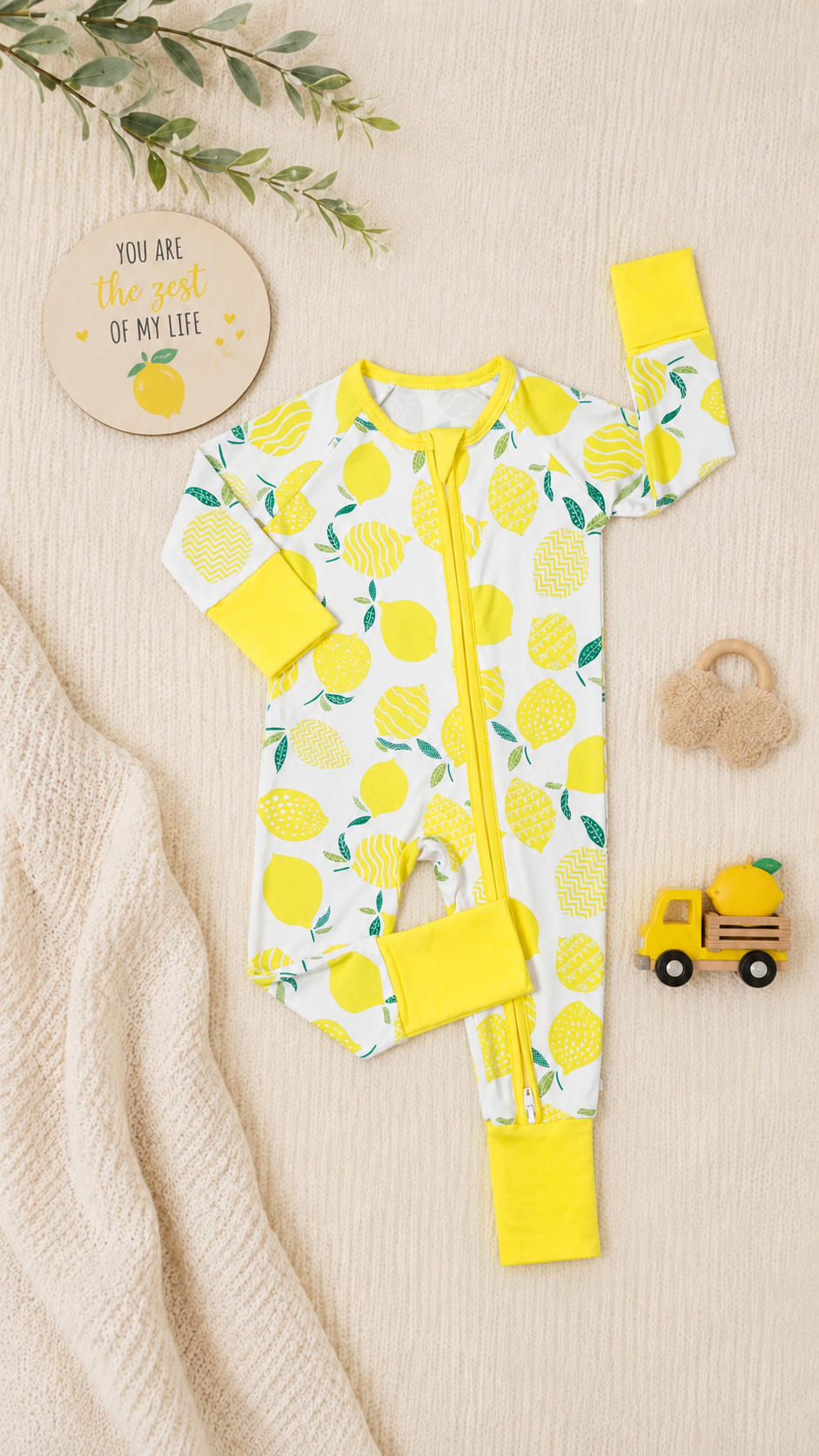 Lemon Bamboo Baby Girl Zipper Sleeper | 0–3 Months | Soft & Stretchy Bamboo Pajamas | Baby Girl Outfit