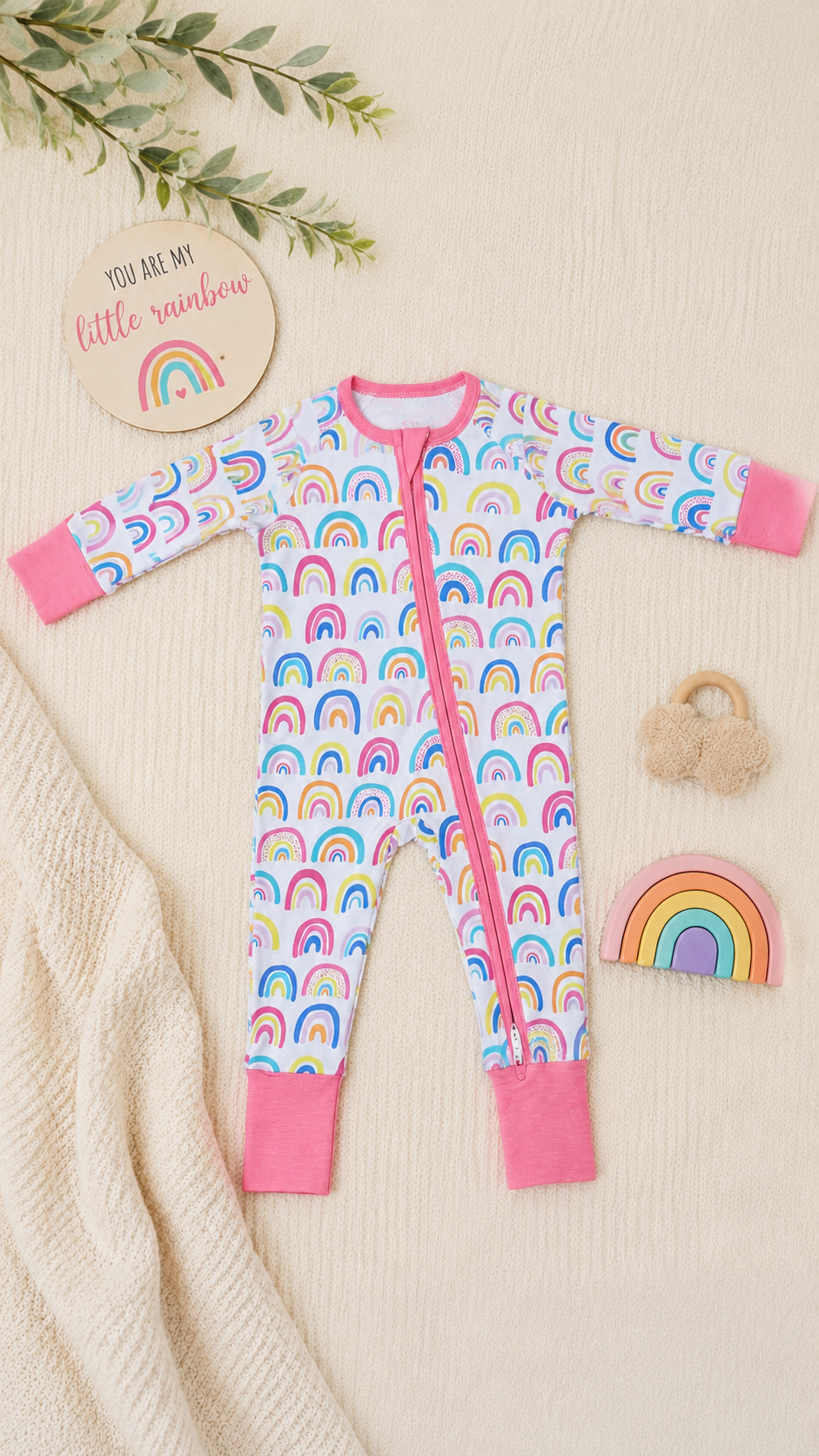 Rainbow Bamboo Baby Girl Zipper Sleeper | 0–3 Months | Soft & Stretchy Bamboo Pajamas | Baby Girl Outfit