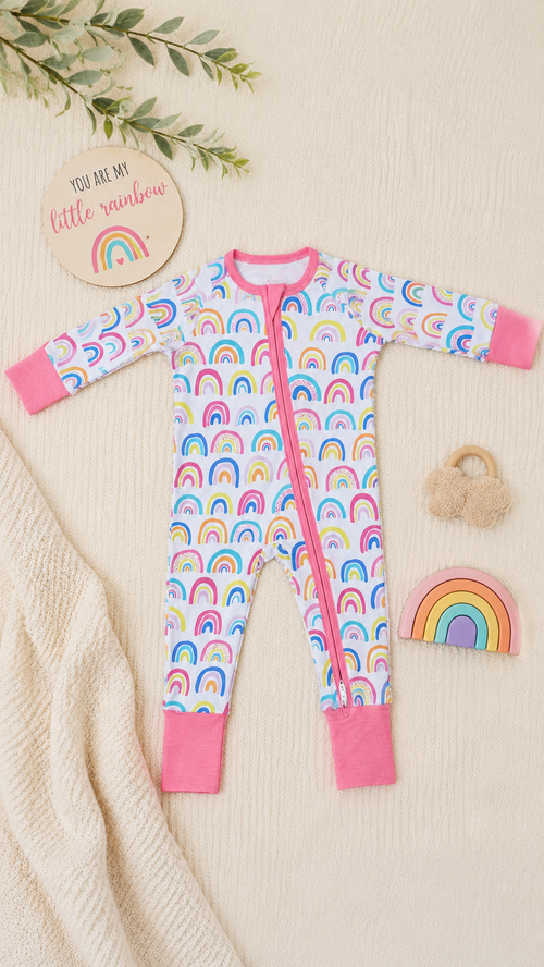 Rainbow Bamboo Baby Girl Zipper Sleeper | 0–3 Months | Soft & Stretchy Bamboo Pajamas | Baby Girl Outfit