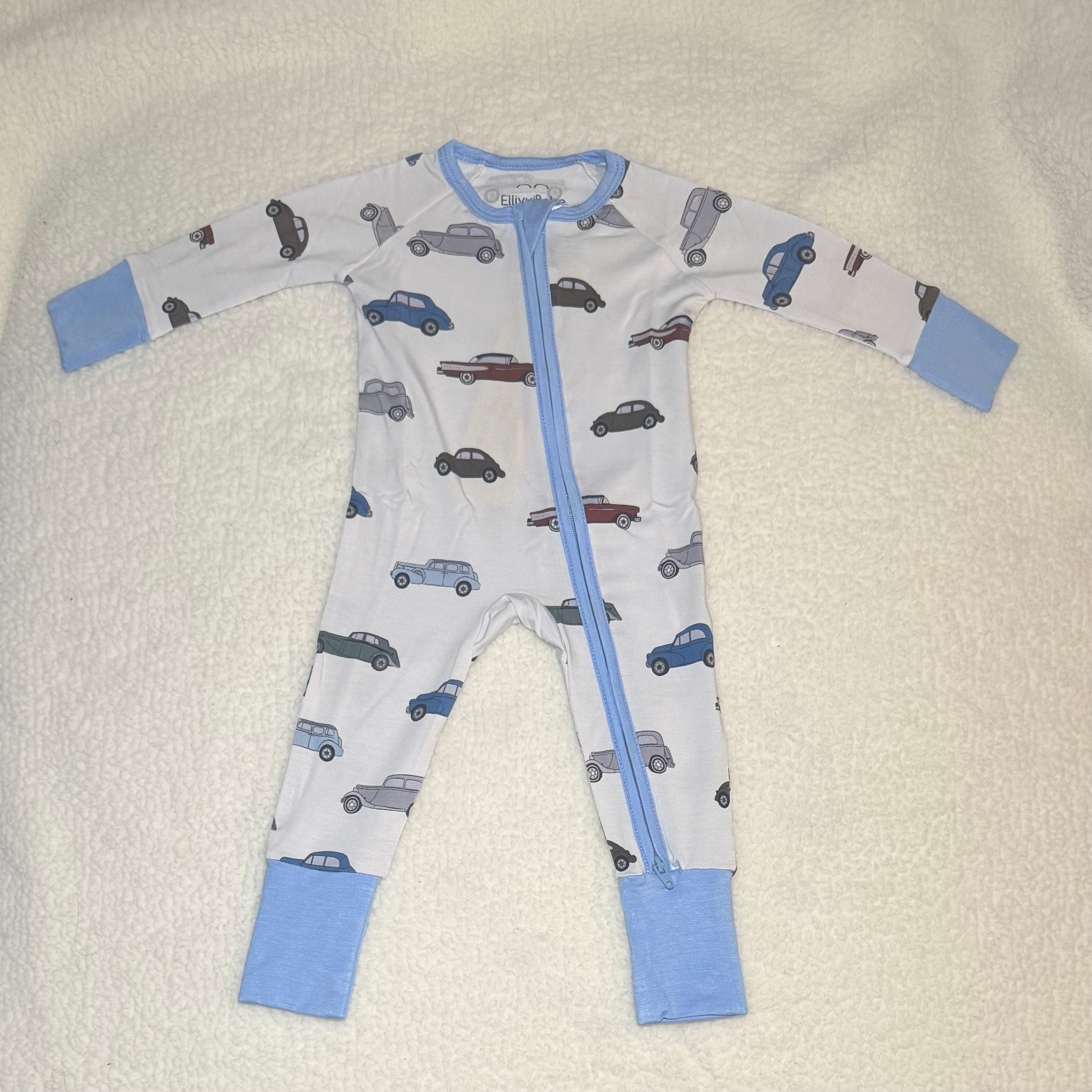 Vintage Car Bamboo Baby Boy Zipper Sleeper | 0–3 Months | Soft & Stretchy Bamboo Pajamas | Baby Boy Outfit