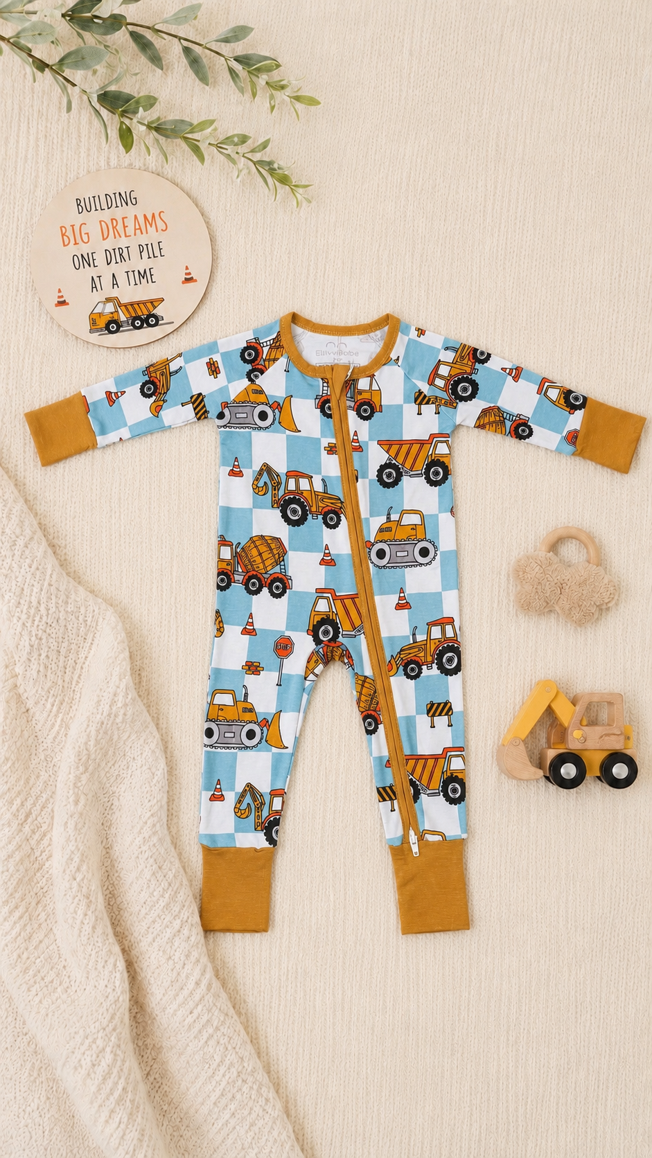 Construction Truck Bamboo Baby Boy Zipper Sleeper | 0–3 Months | Soft & Stretchy Bamboo Pajamas | Baby Boy Outfit